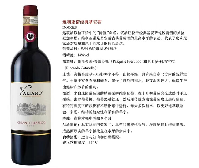 維利亞諾經典基安蒂DOCG級干紅葡萄酒【14° 750ml】